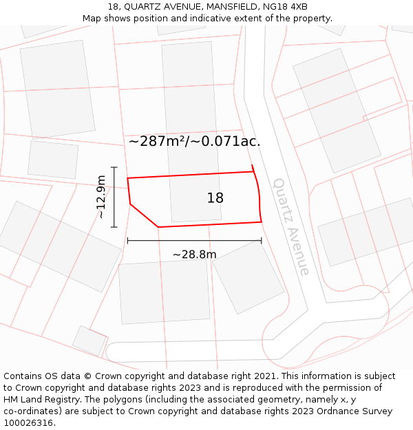 18, QUARTZ AVENUE, MANSFIELD, NG18 4XB: Plot and title map