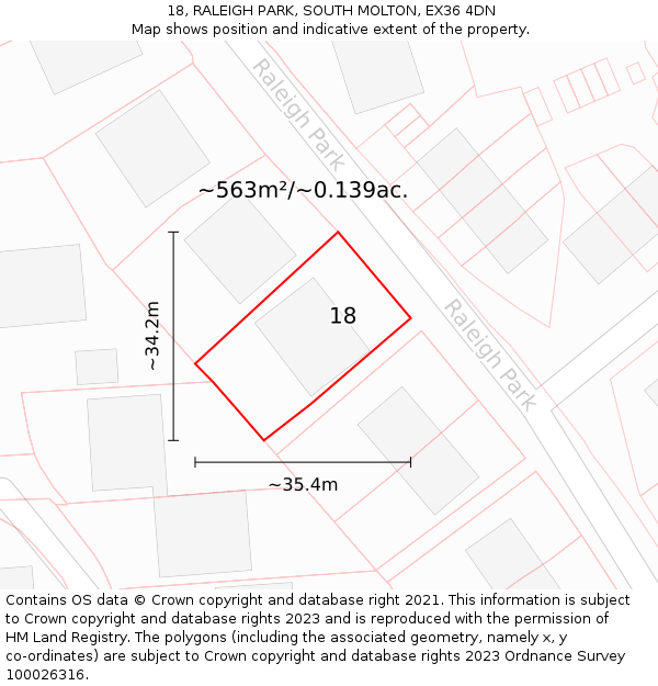 18, RALEIGH PARK, SOUTH MOLTON, EX36 4DN: Plot and title map