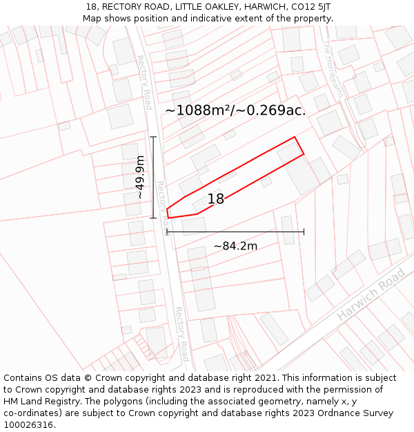 18, RECTORY ROAD, LITTLE OAKLEY, HARWICH, CO12 5JT: Plot and title map