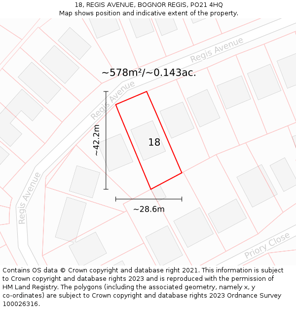 18, REGIS AVENUE, BOGNOR REGIS, PO21 4HQ: Plot and title map