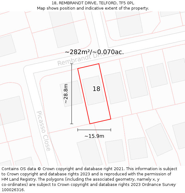 18, REMBRANDT DRIVE, TELFORD, TF5 0PL: Plot and title map