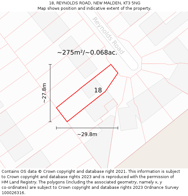 18, REYNOLDS ROAD, NEW MALDEN, KT3 5NG: Plot and title map