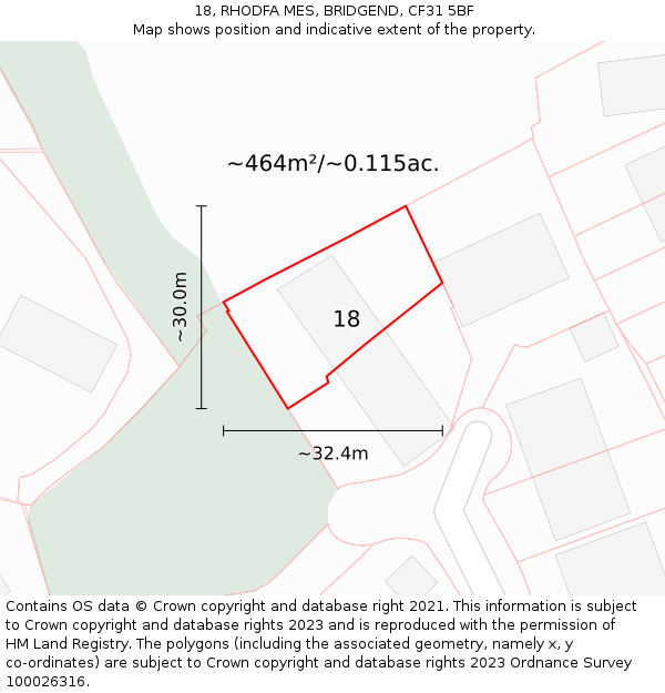 18, RHODFA MES, BRIDGEND, CF31 5BF: Plot and title map