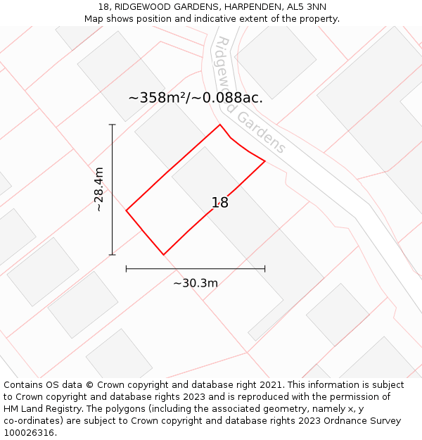 18, RIDGEWOOD GARDENS, HARPENDEN, AL5 3NN: Plot and title map