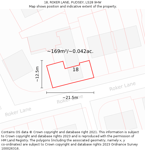 18, ROKER LANE, PUDSEY, LS28 9HW: Plot and title map