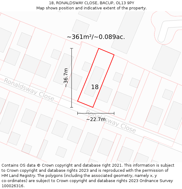 18, RONALDSWAY CLOSE, BACUP, OL13 9PY: Plot and title map