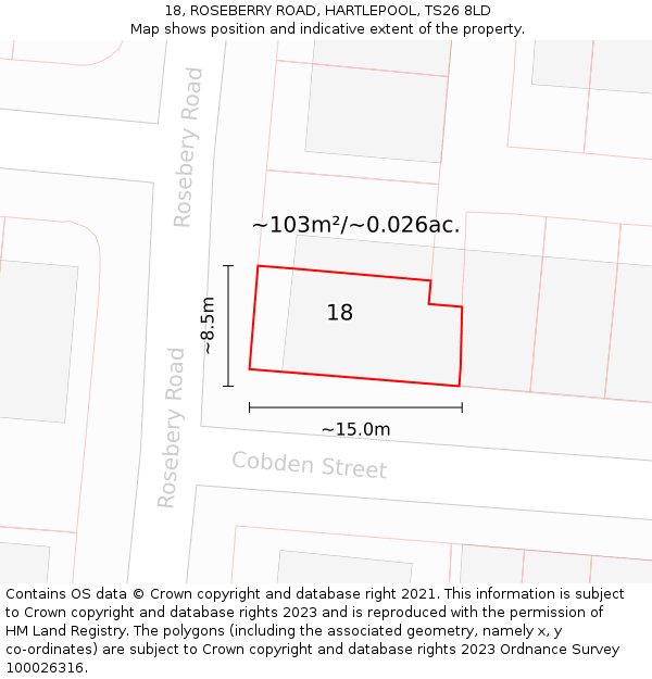 18, ROSEBERRY ROAD, HARTLEPOOL, TS26 8LD: Plot and title map