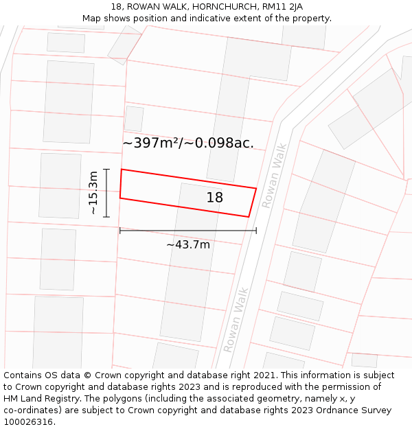 18, ROWAN WALK, HORNCHURCH, RM11 2JA: Plot and title map