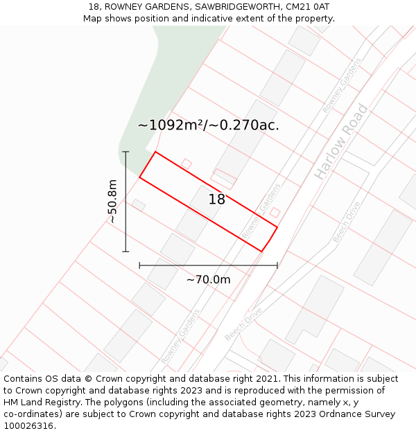 18, ROWNEY GARDENS, SAWBRIDGEWORTH, CM21 0AT: Plot and title map