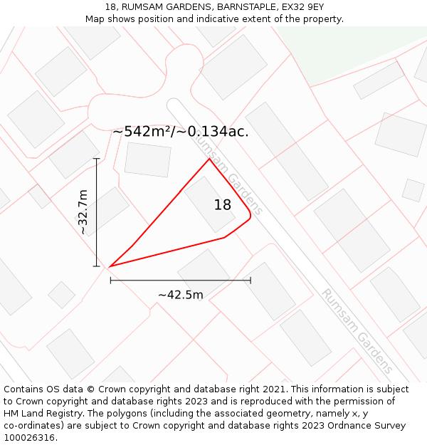 18, RUMSAM GARDENS, BARNSTAPLE, EX32 9EY: Plot and title map