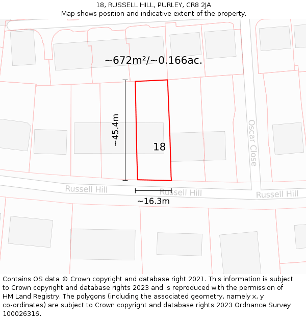 18, RUSSELL HILL, PURLEY, CR8 2JA: Plot and title map
