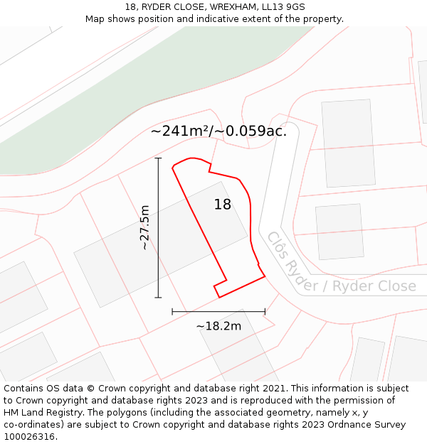 18, RYDER CLOSE, WREXHAM, LL13 9GS: Plot and title map