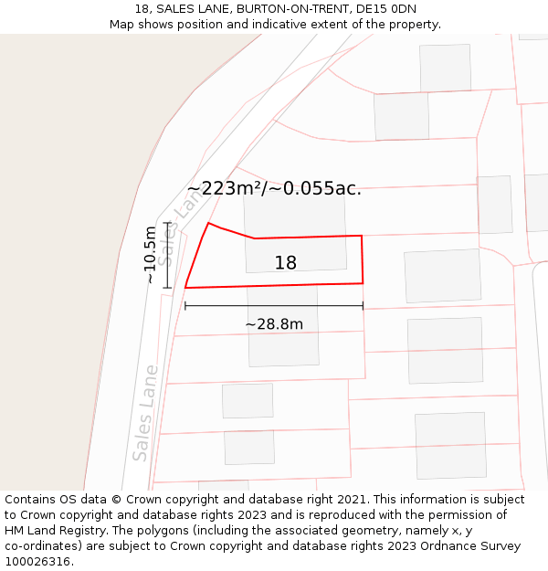 18, SALES LANE, BURTON-ON-TRENT, DE15 0DN: Plot and title map