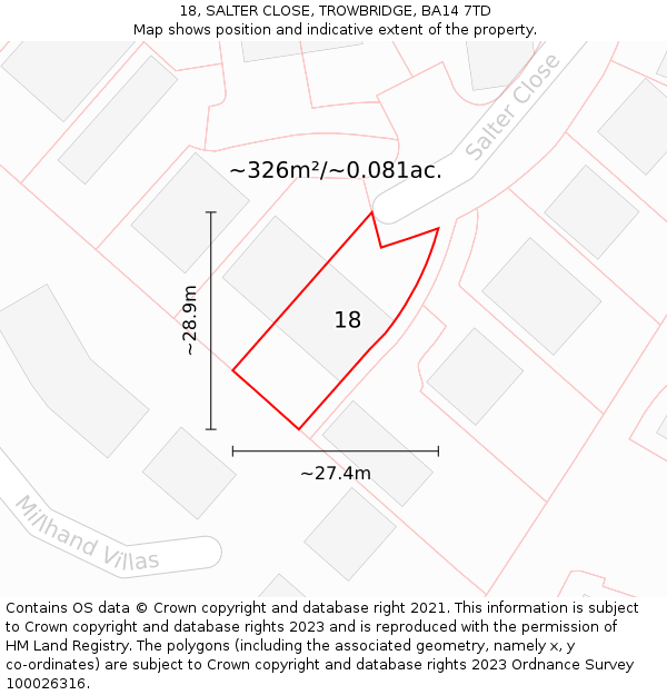 18, SALTER CLOSE, TROWBRIDGE, BA14 7TD: Plot and title map