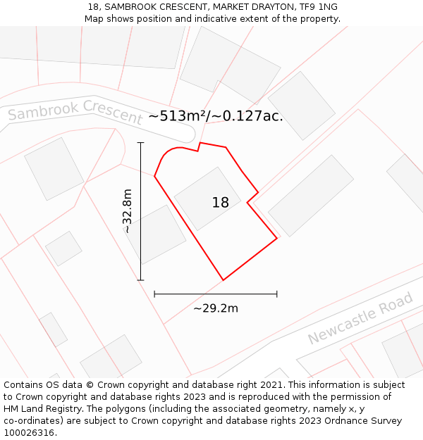 18, SAMBROOK CRESCENT, MARKET DRAYTON, TF9 1NG: Plot and title map