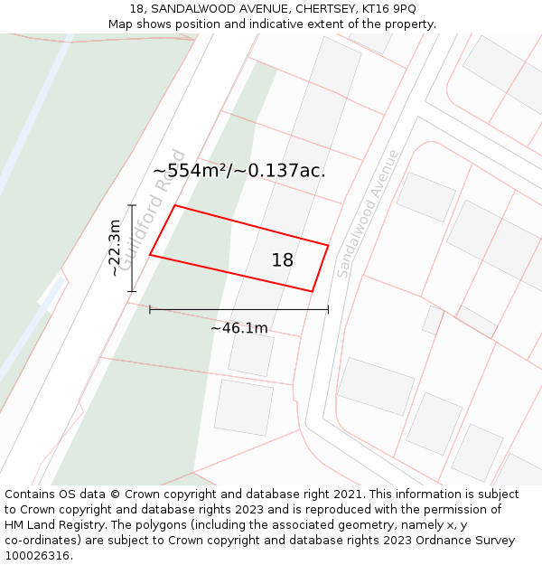 18, SANDALWOOD AVENUE, CHERTSEY, KT16 9PQ: Plot and title map