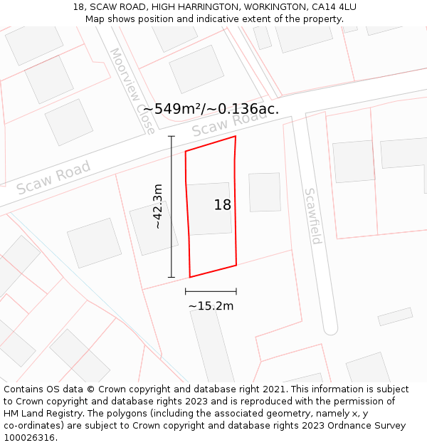 18, SCAW ROAD, HIGH HARRINGTON, WORKINGTON, CA14 4LU: Plot and title map