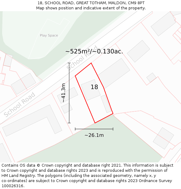 18, SCHOOL ROAD, GREAT TOTHAM, MALDON, CM9 8PT: Plot and title map