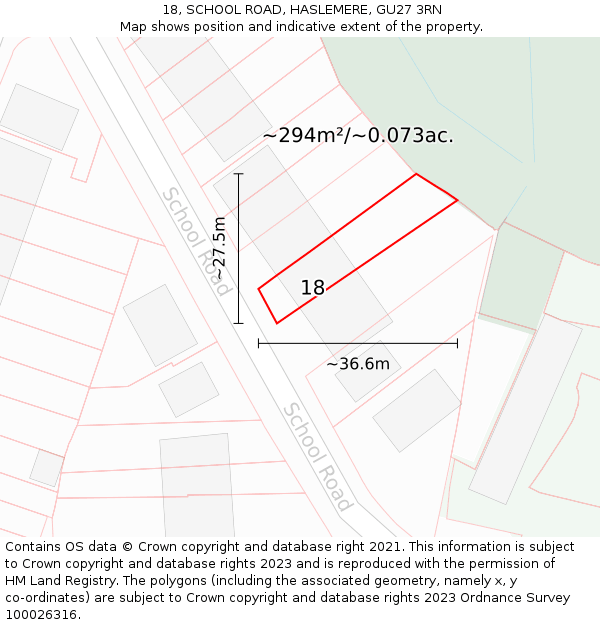 18, SCHOOL ROAD, HASLEMERE, GU27 3RN: Plot and title map