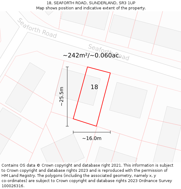 18, SEAFORTH ROAD, SUNDERLAND, SR3 1UP: Plot and title map