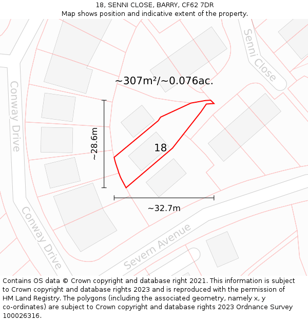 18, SENNI CLOSE, BARRY, CF62 7DR: Plot and title map