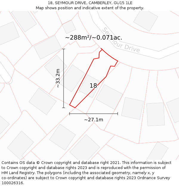 18, SEYMOUR DRIVE, CAMBERLEY, GU15 1LE: Plot and title map