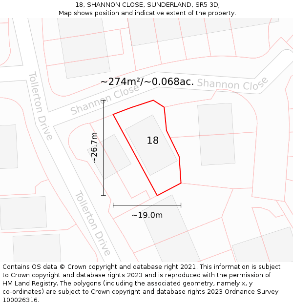 18, SHANNON CLOSE, SUNDERLAND, SR5 3DJ: Plot and title map