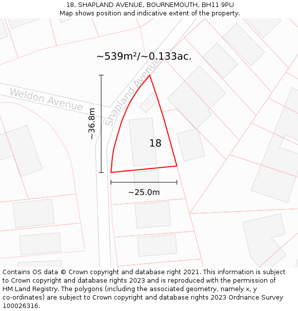 18, SHAPLAND AVENUE, BOURNEMOUTH, BH11 9PU: Plot and title map