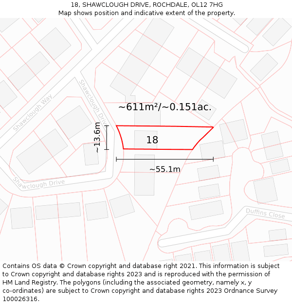 18, SHAWCLOUGH DRIVE, ROCHDALE, OL12 7HG: Plot and title map