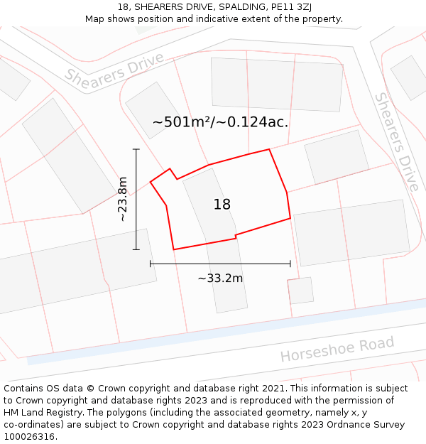 18, SHEARERS DRIVE, SPALDING, PE11 3ZJ: Plot and title map