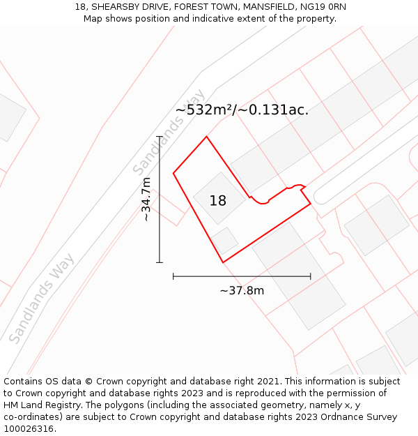 18, SHEARSBY DRIVE, FOREST TOWN, MANSFIELD, NG19 0RN: Plot and title map