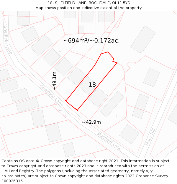 18, SHELFIELD LANE, ROCHDALE, OL11 5YD: Plot and title map