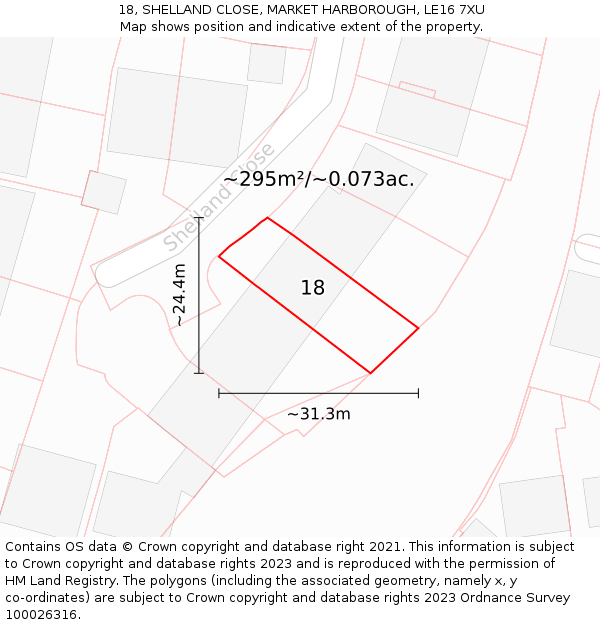 18, SHELLAND CLOSE, MARKET HARBOROUGH, LE16 7XU: Plot and title map