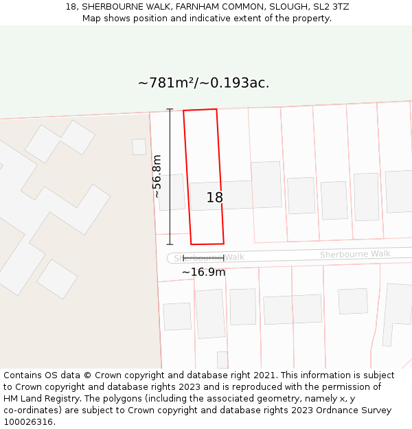 18, SHERBOURNE WALK, FARNHAM COMMON, SLOUGH, SL2 3TZ: Plot and title map