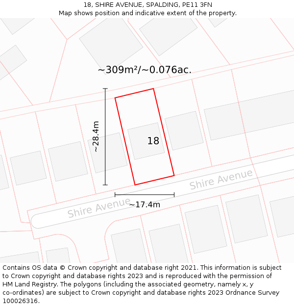 18, SHIRE AVENUE, SPALDING, PE11 3FN: Plot and title map