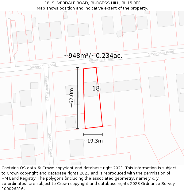 18, SILVERDALE ROAD, BURGESS HILL, RH15 0EF: Plot and title map