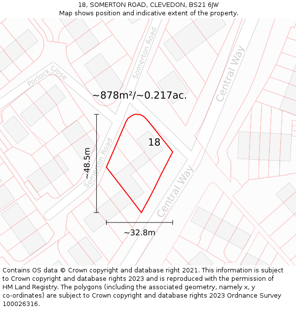 18, SOMERTON ROAD, CLEVEDON, BS21 6JW: Plot and title map