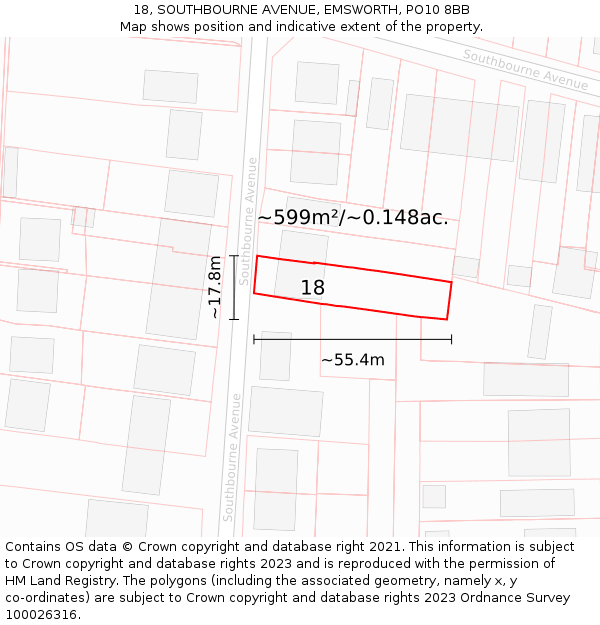 18, SOUTHBOURNE AVENUE, EMSWORTH, PO10 8BB: Plot and title map