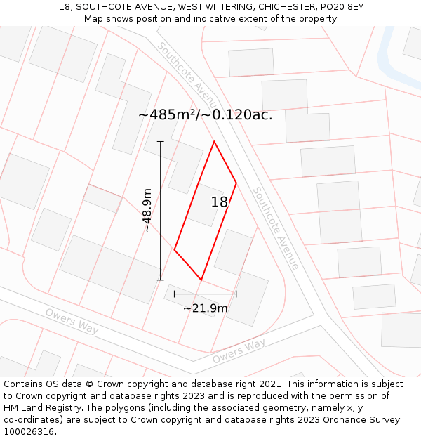 18, SOUTHCOTE AVENUE, WEST WITTERING, CHICHESTER, PO20 8EY: Plot and title map