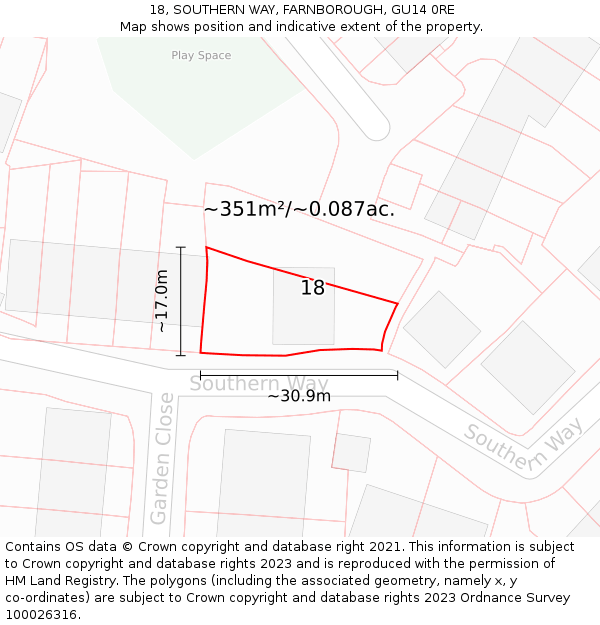 18, SOUTHERN WAY, FARNBOROUGH, GU14 0RE: Plot and title map