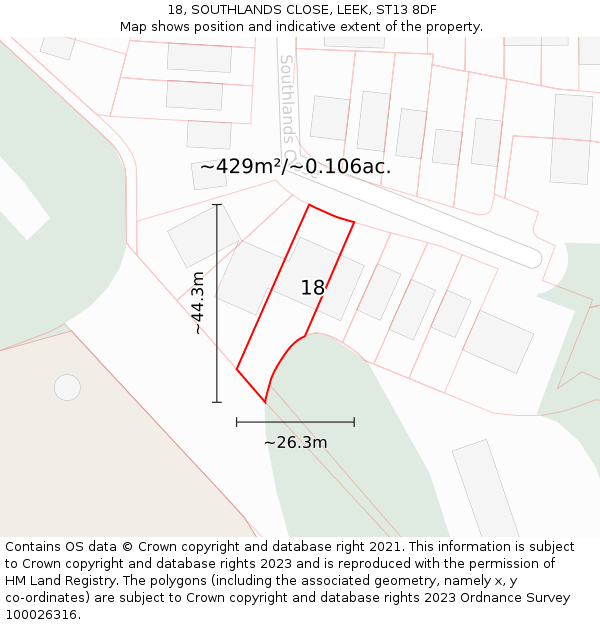 18, SOUTHLANDS CLOSE, LEEK, ST13 8DF: Plot and title map