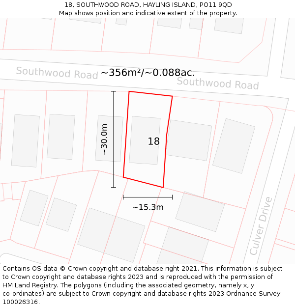 18, SOUTHWOOD ROAD, HAYLING ISLAND, PO11 9QD: Plot and title map