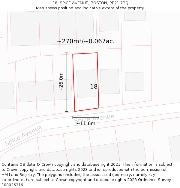 18, SPICE AVENUE, BOSTON, PE21 7BQ: Plot and title map