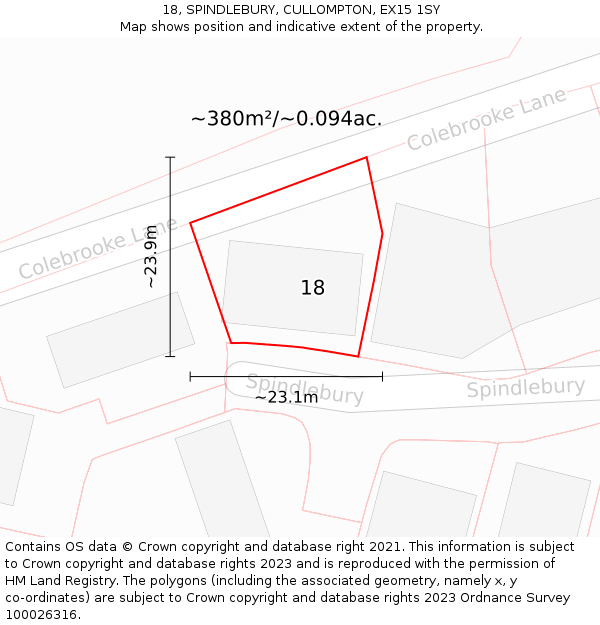 18, SPINDLEBURY, CULLOMPTON, EX15 1SY: Plot and title map