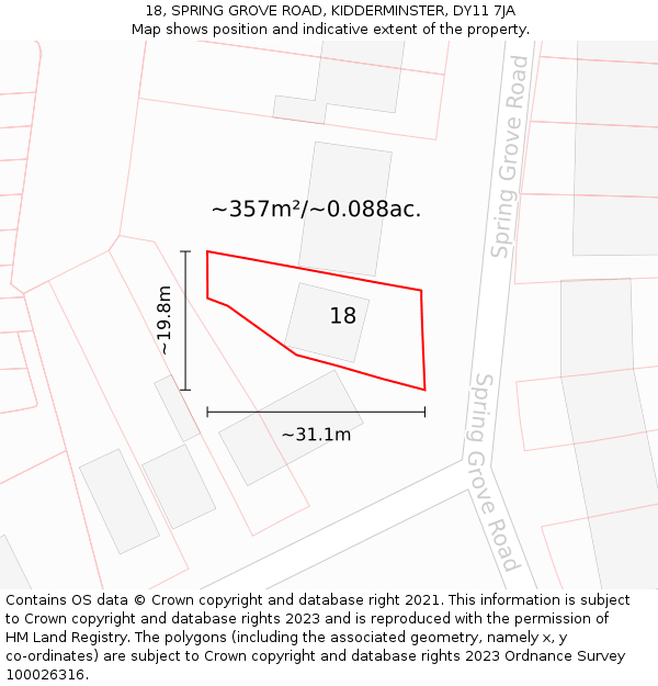 18, SPRING GROVE ROAD, KIDDERMINSTER, DY11 7JA: Plot and title map