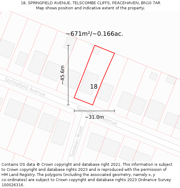 18, SPRINGFIELD AVENUE, TELSCOMBE CLIFFS, PEACEHAVEN, BN10 7AR: Plot and title map