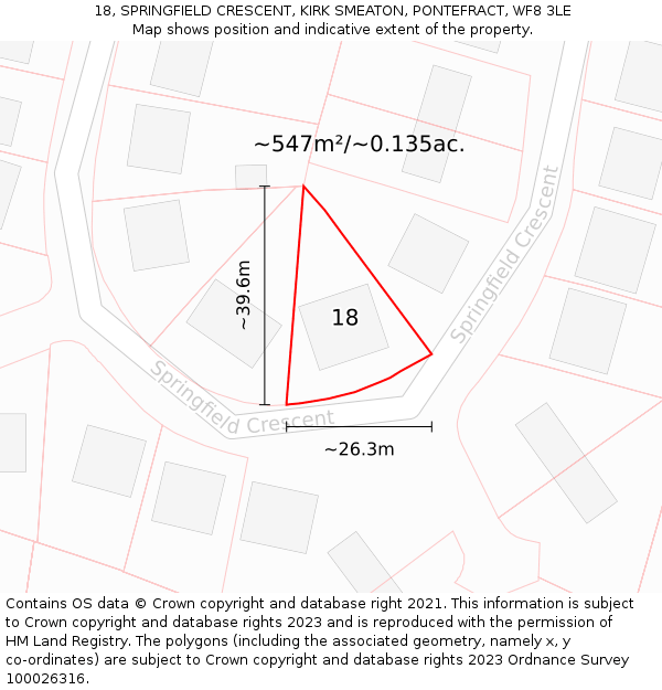 18, SPRINGFIELD CRESCENT, KIRK SMEATON, PONTEFRACT, WF8 3LE: Plot and title map