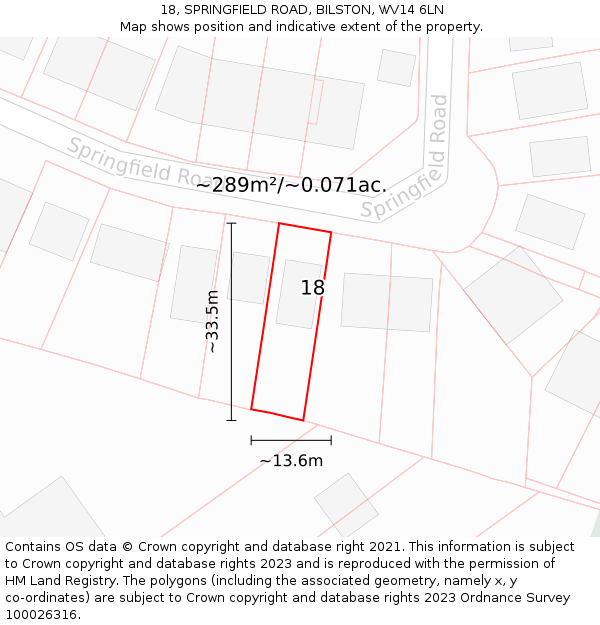 18, SPRINGFIELD ROAD, BILSTON, WV14 6LN: Plot and title map