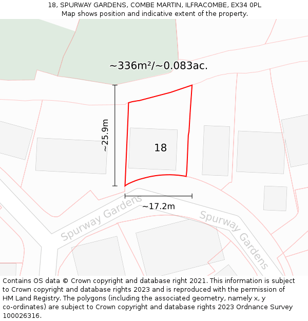 18, SPURWAY GARDENS, COMBE MARTIN, ILFRACOMBE, EX34 0PL: Plot and title map