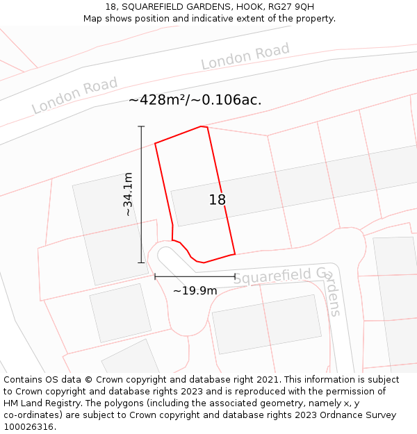 18, SQUAREFIELD GARDENS, HOOK, RG27 9QH: Plot and title map